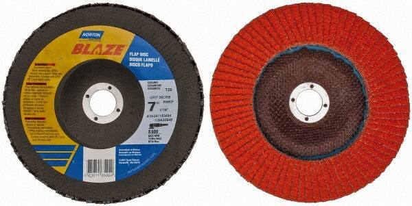 Norton - 36 Grit, 7" Disc Diam, 7/8" Center Hole, Type 29 Ceramic Flap Disc - 8,500 Max RPM, Fiberglass Backing, Arbor Attaching System, Coated - Eagle Tool & Supply
