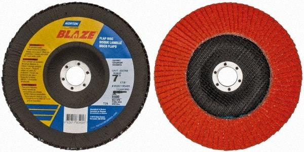 Norton - 40 Grit, 7" Disc Diam, 7/8" Center Hole, Type 29 Ceramic Flap Disc - 8,500 Max RPM, Fiberglass Backing, Arbor Attaching System, Coated - Eagle Tool & Supply