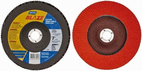 Norton - 60 Grit, 7" Disc Diam, 7/8" Center Hole, Type 29 Ceramic Flap Disc - 8,500 Max RPM, Fiberglass Backing, Arbor Attaching System, Coated - Eagle Tool & Supply