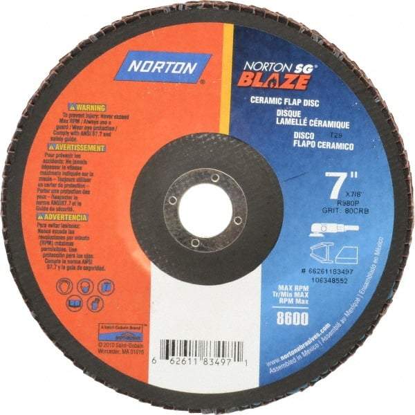 Norton - 80 Grit, 7" Disc Diam, 7/8" Center Hole, Type 29 Ceramic Flap Disc - 8,500 Max RPM, Fiberglass Backing, Arbor Attaching System, Coated - Eagle Tool & Supply