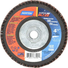 Norton - 36 Grit, 4-1/2" Disc Diam, 5/8-11 Center Hole, Type 29 Ceramic Flap Disc - 13,000 Max RPM, Fiberglass Backing, Arbor Attaching System, Coated - Eagle Tool & Supply