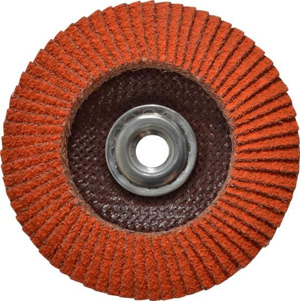 Norton - 40 Grit, 4-1/2" Disc Diam, 5/8-11 Center Hole, Type 29 Ceramic Flap Disc - 13,000 Max RPM, Fiberglass Backing, Arbor Attaching System, Coated - Eagle Tool & Supply