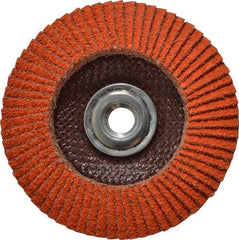 Norton - 40 Grit, 4-1/2" Disc Diam, 5/8-11 Center Hole, Type 29 Ceramic Flap Disc - 13,000 Max RPM, Fiberglass Backing, Arbor Attaching System, Coated - Eagle Tool & Supply
