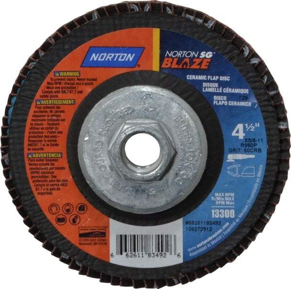Norton - 60 Grit, 4-1/2" Disc Diam, 5/8-11 Center Hole, Type 29 Ceramic Flap Disc - 13,000 Max RPM, Fiberglass Backing, Arbor Attaching System, Coated - Eagle Tool & Supply