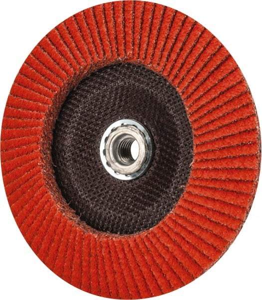 Norton - 36 Grit, 7" Disc Diam, 5/8-11 Center Hole, Type 29 Ceramic Flap Disc - 8,500 Max RPM, Fiberglass Backing, Arbor Attaching System, Coated - Eagle Tool & Supply