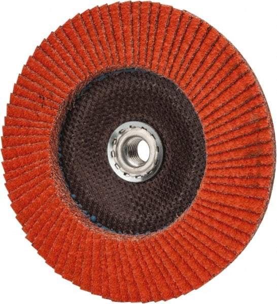 Norton - 40 Grit, 7" Disc Diam, 5/8-11 Center Hole, Type 29 Ceramic Flap Disc - 8,500 Max RPM, Fiberglass Backing, Arbor Attaching System, Coated - Eagle Tool & Supply