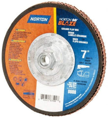 Norton - 60 Grit, 7" Disc Diam, 5/8-11 Center Hole, Type 29 Ceramic Flap Disc - 8,500 Max RPM, Fiberglass Backing, Arbor Attaching System, Coated - Eagle Tool & Supply