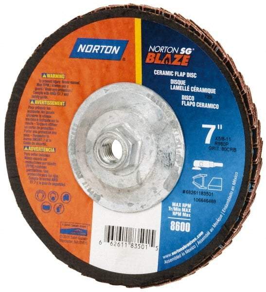 Norton - 80 Grit, 7" Disc Diam, 5/8-11 Center Hole, Type 29 Ceramic Flap Disc - 8,500 Max RPM, Fiberglass Backing, Arbor Attaching System, Coated - Eagle Tool & Supply