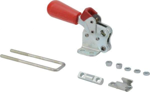 De-Sta-Co - 495 Lb Capacity, Vertical, J Hook, Flanged Base, Carbon Steel Pull Action Latch Clamp - 1.53" Drawing Movement, 3.47" OAL, Threaded U Hook, Straight Handle - Eagle Tool & Supply