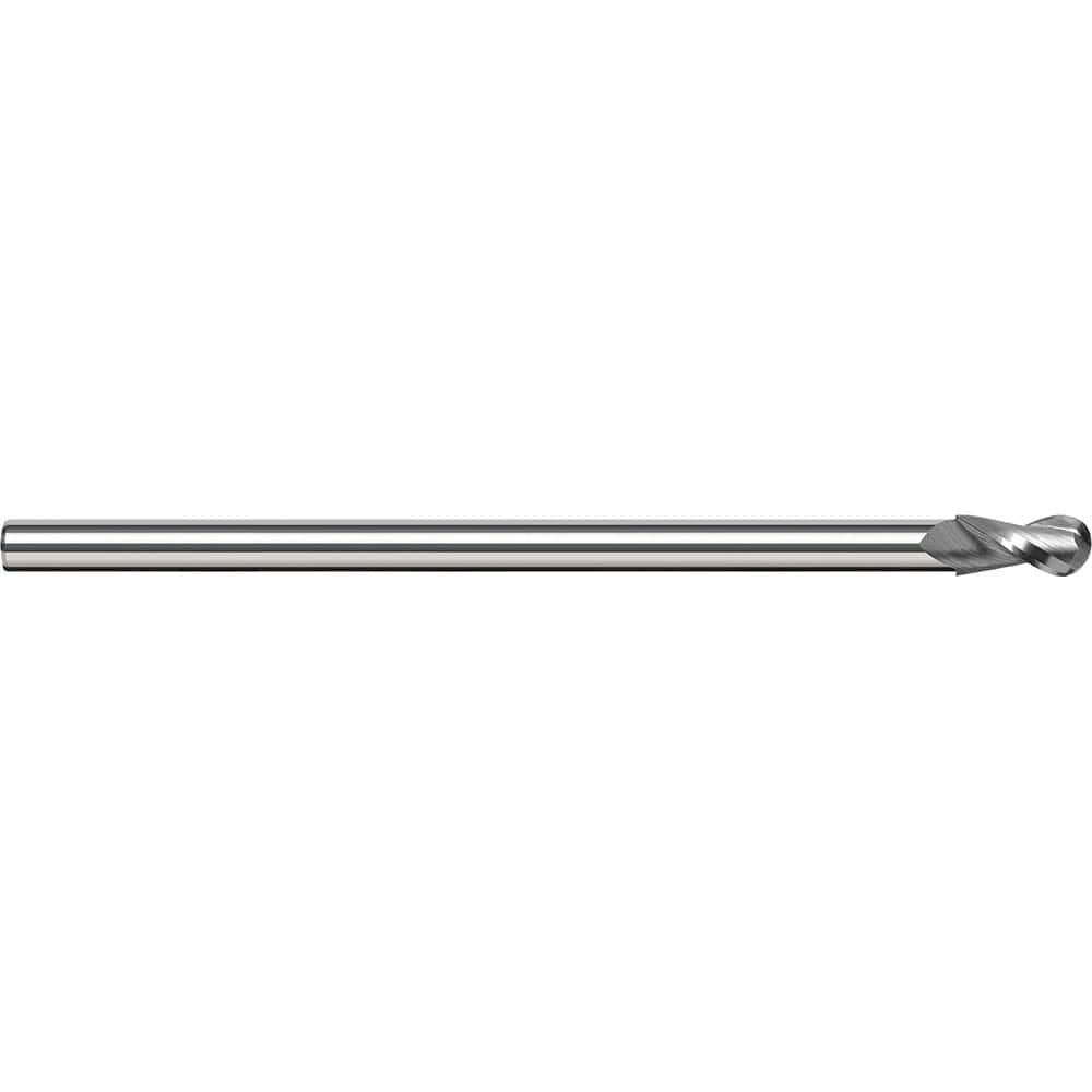 Ball End Mill: 0.25″ Dia, 0.375″ LOC, 4 Flute, Solid Carbide 3″ OAL, 3/16″ Shank Dia, 35 ° Helix, Uncoated, Single End