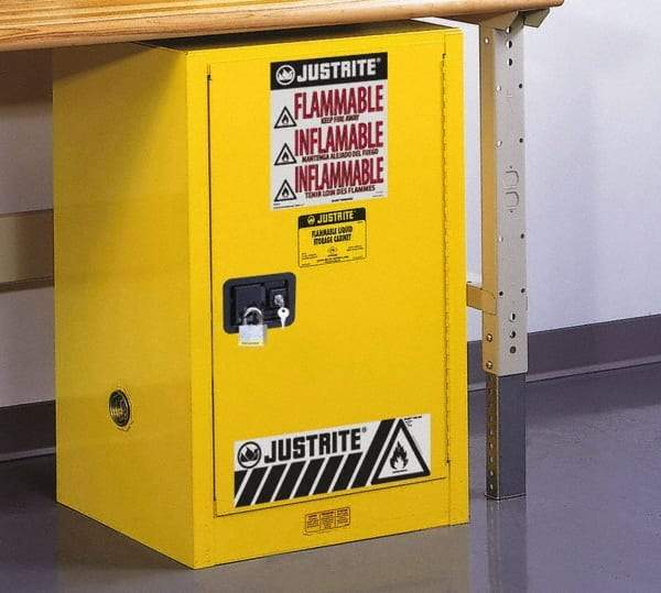 Justrite - 1 Door, 1 Shelf, Yellow Steel Space Saver Safety Cabinet for Flammable and Combustible Liquids - 35" High x 23-1/4" Wide x 18" Deep, Self Closing Door, 12 Gal Capacity - Eagle Tool & Supply