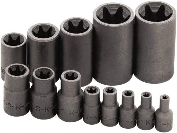 SK - 13 Piece 1/4, 3/8 & 1/2" Drive Standard Socket Set - 6 Points, E4 to E24 Torx, Torx Measurement Standard - Eagle Tool & Supply