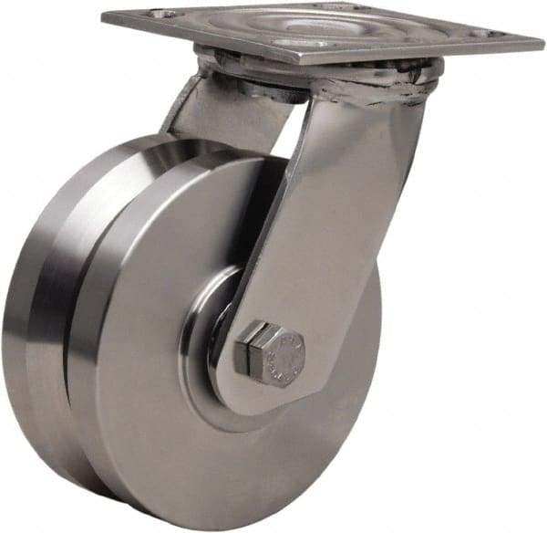 Hamilton - 5" Diam x 2" Wide, Stainless Steel Swivel Caster - 800 Lb Capacity, Top Plate Mount, 3-3/4" x 4-1/2" Plate, Delrin Bearing - Eagle Tool & Supply