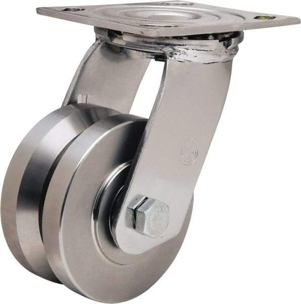 Hamilton - 4" Diam x 2" Wide, Stainless Steel Swivel Caster - 850 Lb Capacity, Top Plate Mount, 3-3/4" x 4-1/2" Plate, Delrin Bearing - Eagle Tool & Supply