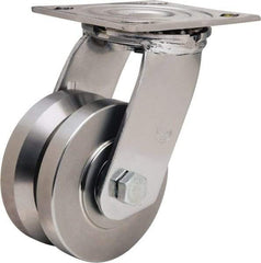 Hamilton - 4" Diam x 2" Wide, Stainless Steel Swivel Caster - 850 Lb Capacity, Top Plate Mount, 3-3/4" x 4-1/2" Plate, Delrin Bearing - Eagle Tool & Supply