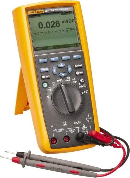 Fluke - 287, CAT IV, CAT III, 1,000 VAC/VDC, Digital True RMS Auto Ranging Manual Ranging Multimeter - 500 mOhm, Measures Voltage, Capacitance, Current, Frequency, Resistance, Temperature - Eagle Tool & Supply