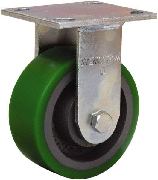Hamilton - 5" Diam x 2" Wide x 7" OAH Top Plate Mount Rigid Caster - Polyurethane Mold onto Cast Iron Center, 1,050 Lb Capacity, Sealed Precision Ball Bearing, 4 x 4-1/2" Plate - Eagle Tool & Supply