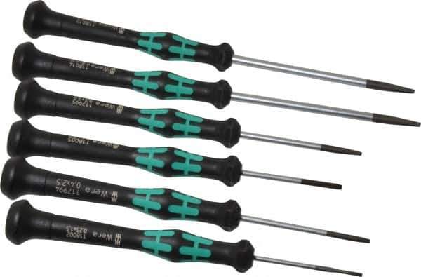 Wera - 6 Piece Slotted Screwdriver Set - Blade Sizes: Width Metric 1.5, 2, 2.5, 3, 3.5 & 4, Metric Length mm: 1.5mm x 40mm, 2mm x 40mm, 2.5mm x 50mm, 3mm x 50mm, 3.5mm x 80mm & 4mm x 80mm - Eagle Tool & Supply