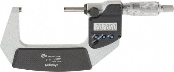 Mitutoyo - 2 to 3 Inch Range, 0.0001 Inch Resolution, Standard Throat, IP65 Electronic Outside Micrometer - 0.0001 Inch Accuracy, Ratchet Stop Thimble, Carbide Face, SR44 Battery, Includes Plastic Case - Eagle Tool & Supply