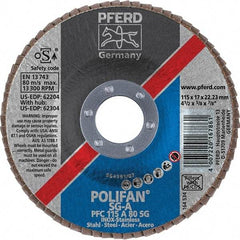 PFERD - 80 Grit, 4-1/2" Disc Diam, 7/8" Center Hole, Type 29 Aluminum Oxide Flap Disc - 13,300 Max RPM, Fiberglass Backing, Arbor Attaching System, Coated - Eagle Tool & Supply