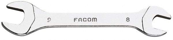 Facom - 8mm x 9mm Stubby Open End Wrench - 3-1/2" OAL, Double End, Satin Finish, 15° Head Angle - Eagle Tool & Supply