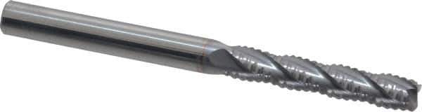 Accupro - 1/4" Diam, Fine Pitch, 1-1/8" LOC, 4 Flute Solid Carbide Roughing Square End Mill - TiCN Finish, 3" OAL, 1/4" Shank Diam, Single End, Centercutting, 30° Helix - Eagle Tool & Supply