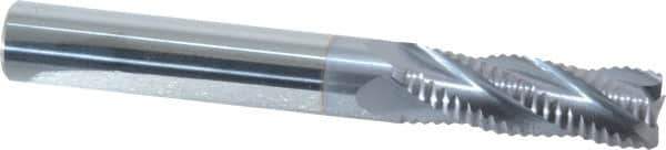 Accupro - 3/8" Diam, Fine Pitch, 1-1/8" LOC, 4 Flute Solid Carbide Roughing Square End Mill - TiCN Finish, 3" OAL, 3/8" Shank Diam, Single End, Centercutting, 30° Helix - Eagle Tool & Supply