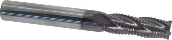 Accupro - 3/8" Diam, Fine Pitch, 1-1/8" LOC, 4 Flute Solid Carbide Roughing Square End Mill - AlTiN Finish, 3" OAL, 3/8" Shank Diam, Single End, Centercutting, 30° Helix - Eagle Tool & Supply