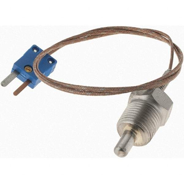 Thermo Electric - 0 to 700°F, T Pipe Plug, Thermocouple Probe - 5 Ft. Cable Length, Mini Connector, 1/2 Inch Probe Sheath Length, 6 Sec Response Time - Eagle Tool & Supply