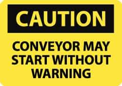 NMC - "Caution - Conveyor May Start without Warning", 7" Long x 10" Wide, Pressure-Sensitive Vinyl Safety Sign - Rectangle, 0.004" Thick, Use for Accident Prevention - Eagle Tool & Supply