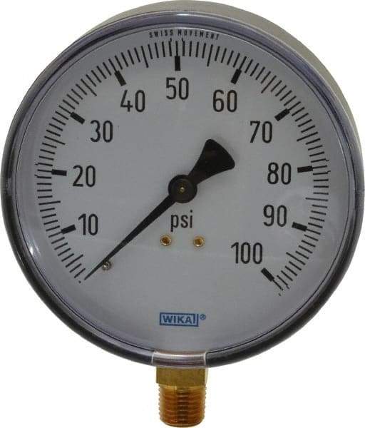 Wika - 4" Dial, 1/4 Thread, 0-100 Scale Range, Pressure Gauge - Lower Connection Mount, Accurate to 3-2-3% of Scale - Eagle Tool & Supply