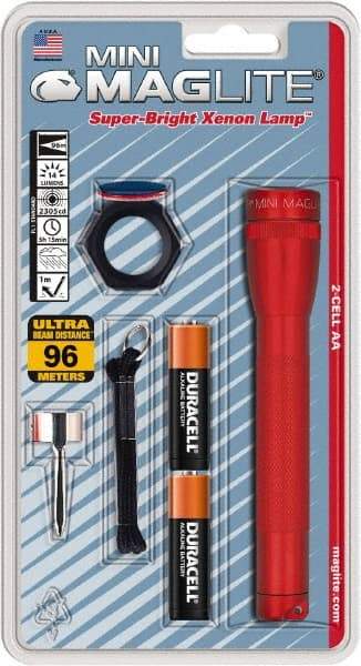 Mag-Lite - Krypton Bulb, 14 Lumens, Mini Flashlight - Red Aluminum Body, 2 AA Alkaline Batteries Included - Eagle Tool & Supply