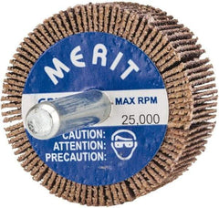 Merit Abrasives - 1-1/2" Diam x 3/4" Face Width, Medium Ceramic Alumina Coated Mounted Flap Wheel - 1/4" Shank Mount, 80 Grit, 30,000 Max RPM - Eagle Tool & Supply