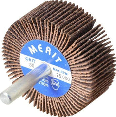 Merit Abrasives - 2" Diam x 3/4" Face Width, Coarse Ceramic Alumina Coated Mounted Flap Wheel - 1/4" Shank Mount, 50 Grit, 30,000 Max RPM - Eagle Tool & Supply