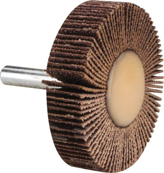 Merit Abrasives - 2" Diam x 1/2" Face Width, Medium Ceramic Alumina Coated Mounted Flap Wheel - 1/4" Shank Mount, 60 Grit, 30,000 Max RPM - Eagle Tool & Supply