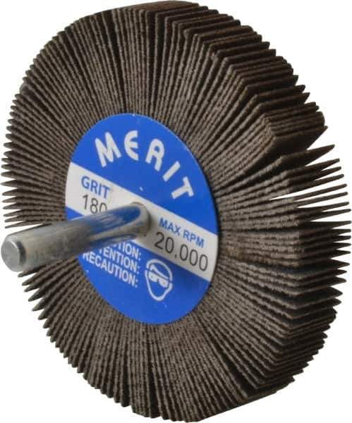 Merit Abrasives - 3" Diam x 1/2" Face Width, Very Fine Ceramic Alumina Coated Mounted Flap Wheel - 1/4" Shank Mount, 180 Grit, 30,000 Max RPM - Eagle Tool & Supply