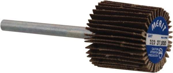 Merit Abrasives - 5/8" Diam x 5/8" Face Width, Extra Fine Aluminum Oxide Coated Mounted Flap Wheel - 1/8" Shank Mount, 320 Grit, Cloth Backing, 37,000 Max RPM - Eagle Tool & Supply