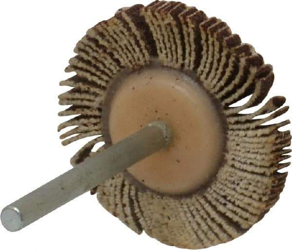 Merit Abrasives - 1-3/16" Diam x 1/8" Face Width, Fine Aluminum Oxide Coated Mounted Flap Wheel - 1/8" Shank Mount, 120 Grit, Cloth Backing, 30,000 Max RPM - Eagle Tool & Supply