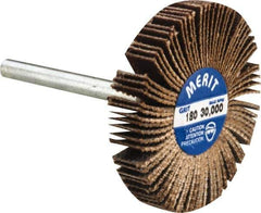 Merit Abrasives - 1-3/16" Diam x 3/16" Face Width, Very Fine Aluminum Oxide Coated Mounted Flap Wheel - 1/8" Shank Mount, 180 Grit, Cloth Backing, 30,000 Max RPM - Eagle Tool & Supply