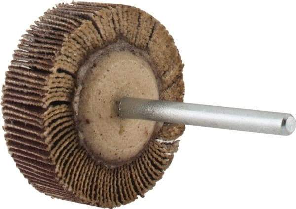 Merit Abrasives - 1-3/16" Diam x 3/8" Face Width, Very Fine Aluminum Oxide Coated Mounted Flap Wheel - 1/8" Shank Mount, 240 Grit, Cloth Backing, 30,000 Max RPM - Eagle Tool & Supply