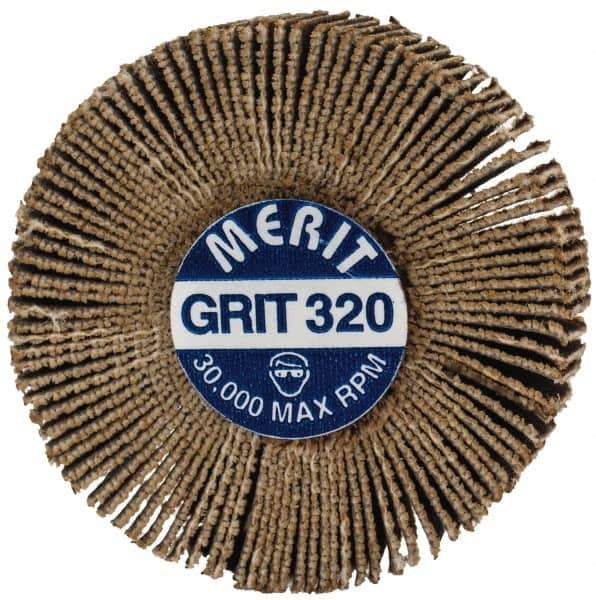 Merit Abrasives - 1-3/16" Diam x 3/8" Face Width, Extra Fine Aluminum Oxide Coated Mounted Flap Wheel - 1/8" Shank Mount, 320 Grit, Cloth Backing, 30,000 Max RPM - Eagle Tool & Supply