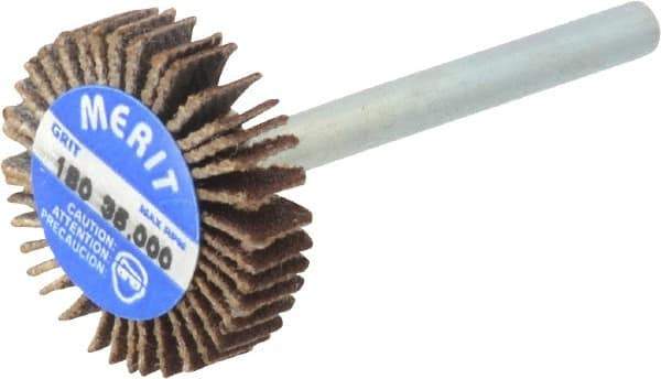 Merit Abrasives - 3/4" Diam x 3/16" Face Width, Very Fine Aluminum Oxide Coated Mounted Flap Wheel - 1/8" Shank Mount, 180 Grit, Cloth Backing, 35,000 Max RPM - Eagle Tool & Supply