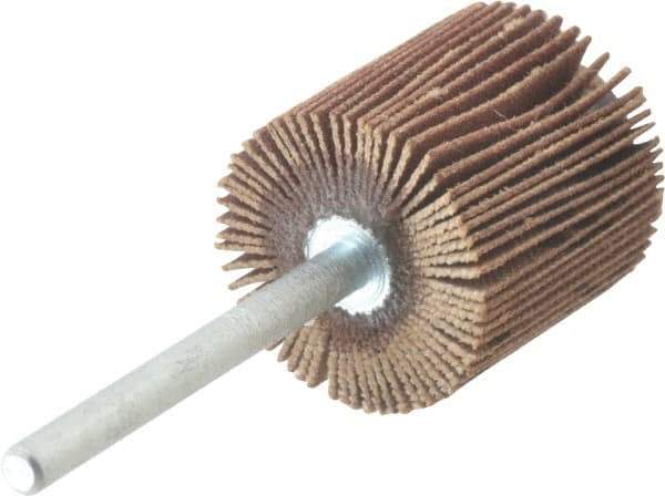 Merit Abrasives - 3/4" Diam x 3/4" Face Width, Very Fine Aluminum Oxide Coated Mounted Flap Wheel - 1/8" Shank Mount, 240 Grit, Cloth Backing, 35,000 Max RPM - Eagle Tool & Supply