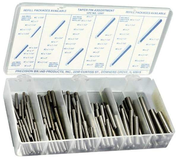 Precision Brand - 100 Piece, #0 to #6" Pin Diam, Taper Pin Assortment - 3/4 to 3" Long, 1215 & 12L14 Steel - Eagle Tool & Supply
