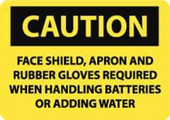 NMC - "Caution - Face Shield and Rubber Gloves Required When Handling Batteries or Adding Water", 7" Long x 10" Wide, Rigid Plastic Safety Sign - Rectangle, 0.05" Thick, Use for Accident Prevention - Eagle Tool & Supply