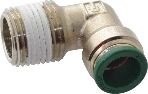 Parker - 1/2" Outside Diam, 1/2 NPTF, Nickel Plated Brass Push-to-Connect Tube Male Elbow - 300 Max psi, Tube to Male NPT Connection, Buna-N O-Ring - Eagle Tool & Supply