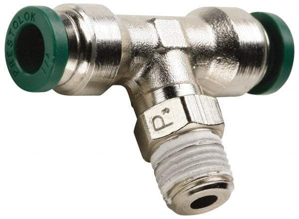 Parker - 1/4" Outside Diam, 1/8 NPTF, Nickel Plated Brass Push-to-Connect Tube Male Swivel Branch Tee - 300 Max psi, Tube to Male NPT Connection, Buna-N O-Ring - Eagle Tool & Supply