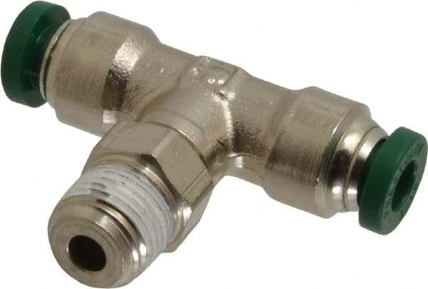 Parker - 3/16" Outside Diam, 1/8 NPTF, Nickel Plated Brass Push-to-Connect Tube Male Swivel Branch Tee - 300 Max psi, Tube to Male NPT Connection, Buna-N O-Ring - Eagle Tool & Supply