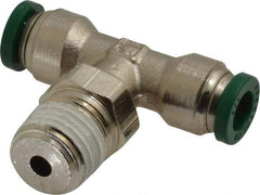 Parker - 1/4" Outside Diam, 1/4 NPTF, Nickel Plated Brass Push-to-Connect Tube Male Swivel Branch Tee - 300 Max psi, Tube to Male NPT Connection, Buna-N O-Ring - Eagle Tool & Supply