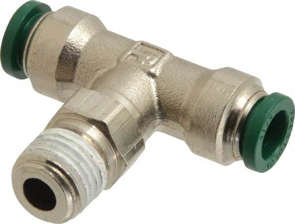 Parker - 5/16" Outside Diam, 1/4 NPTF, Nickel Plated Brass Push-to-Connect Tube Male Swivel Branch Tee - 300 Max psi, Tube to Male NPT Connection, Buna-N O-Ring - Eagle Tool & Supply